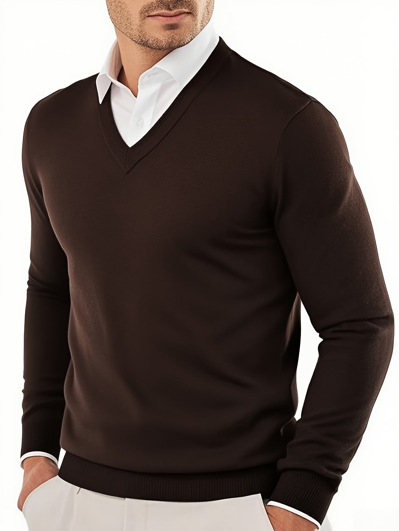 Heren V-hals gebreide trui - Zachte warme casual effen kleur lange mouwen pullover, wasmachinebestendig herfst winter lente truien geschikt voor outdoor & casual kleding, veelzijdig laagjesstuk