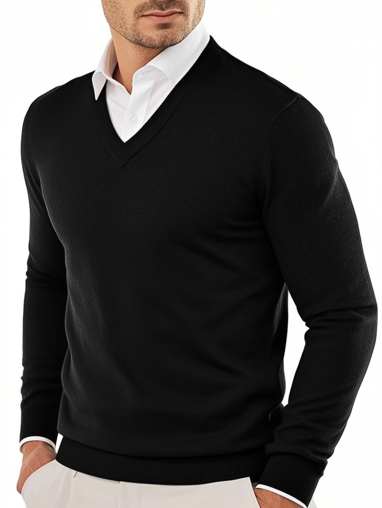 Heren V-hals gebreide trui - Zachte warme casual effen kleur lange mouwen pullover, wasmachinebestendig herfst winter lente truien geschikt voor outdoor & casual kleding, veelzijdig laagjesstuk